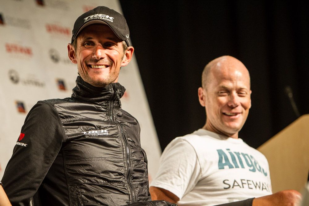 Former teammates Frank Schleck and Chris Horner share a laugh at the Tour of Utah press conference.