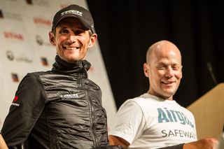 Former teammates Frank Schleck and Chris Horner share a laugh at the Tour of Utah press conference.