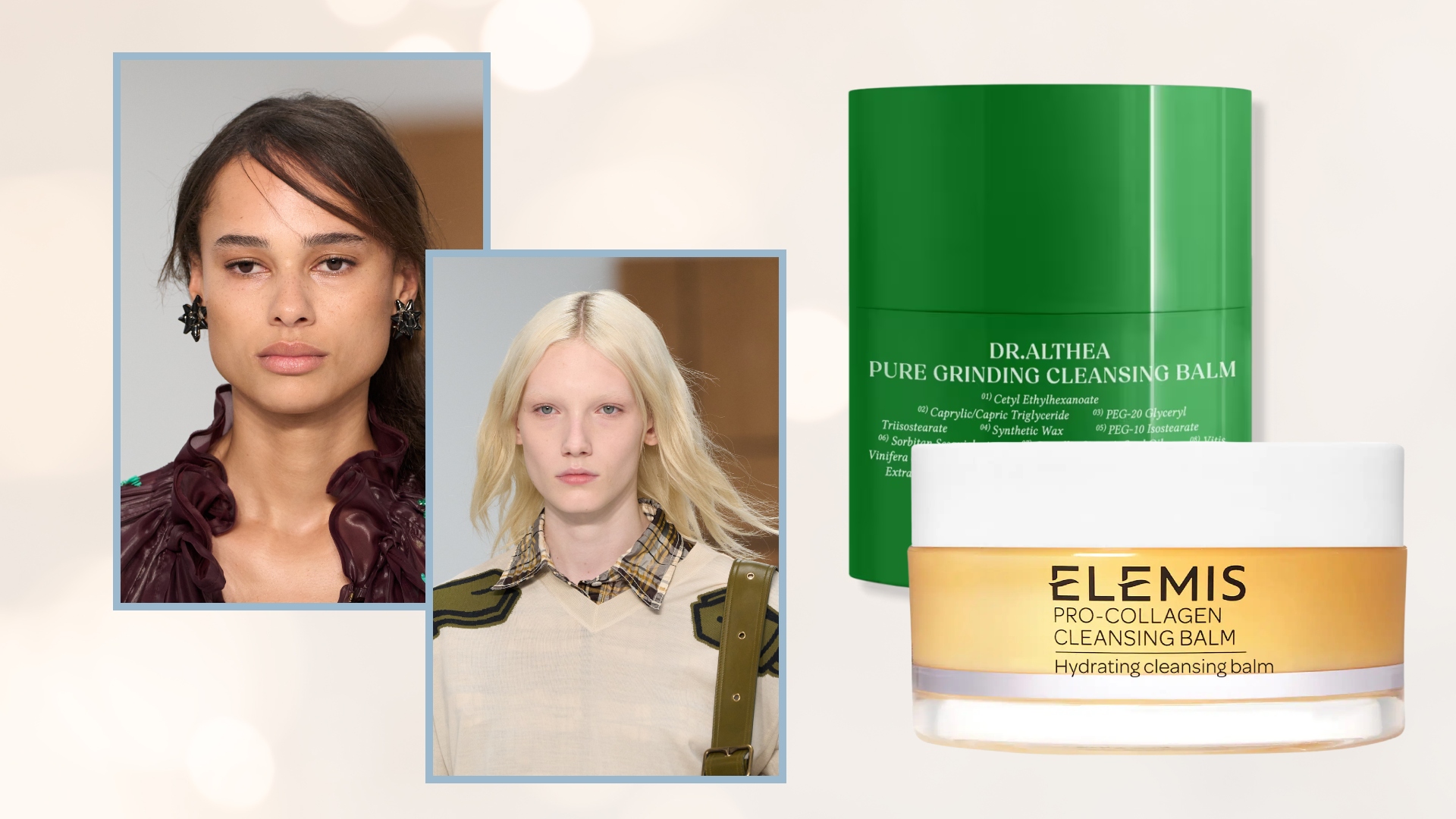 models on a white background next to cleansing balm