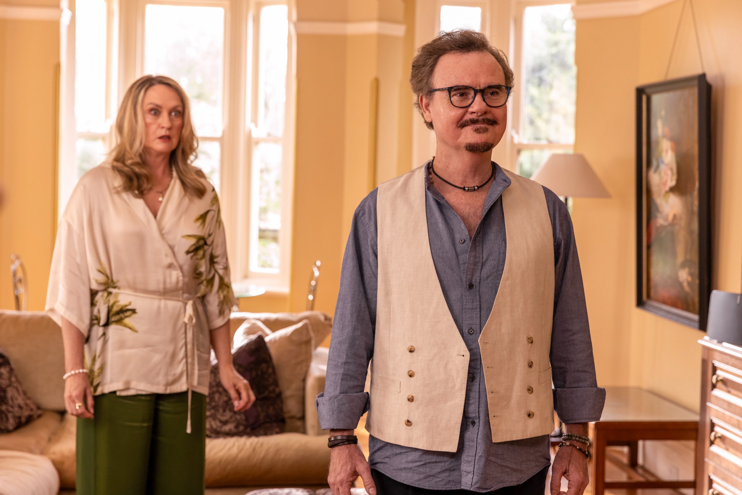 Lynelle (HELEN THOMSON), Lee (DARREN GILSHENAN) in Colin From Accounts