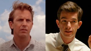 From left to right: a screenshot of Kevin Costner in Field of Dreams and John Mulaney in Sack Lunch Bunch.