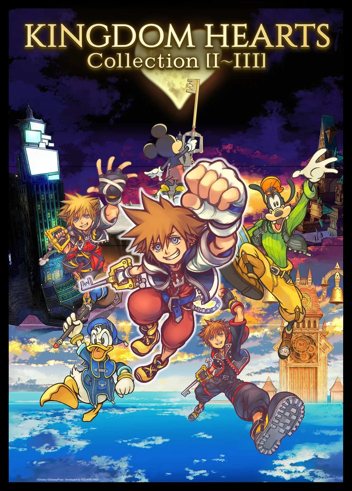 Cover art for Kingdom Hearts Collection I-III showing Sora, Donald Duck, Goofy, Mickey Mouse and a second Sora leaping over a cityscape beneath a heart-shaped moon and glowing keyblade.