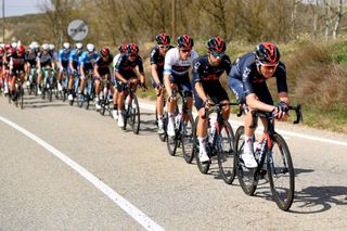 MANRESA SPAIN MARCH 26 Rohan Dennis of Australia and Team INEOS Grenadiers Jonathan Castroviejo of Spain and Team INEOS Grenadiers The peloton during the 100th Volta Ciclista a Catalunya 2021 Stage 5 a 2015km stage from La Pobla De Segur to Manresa 220m VoltaCatalunya100 on March 26 2021 in Manresa Spain Photo by David RamosGetty Images