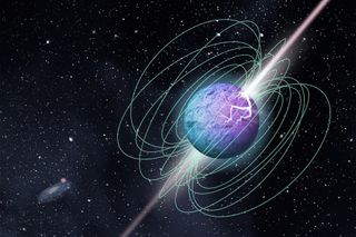 An artist's impression of a magnetar in outburst, showing complex magnetic field structure and beamed emission following a crust-cracking episode.