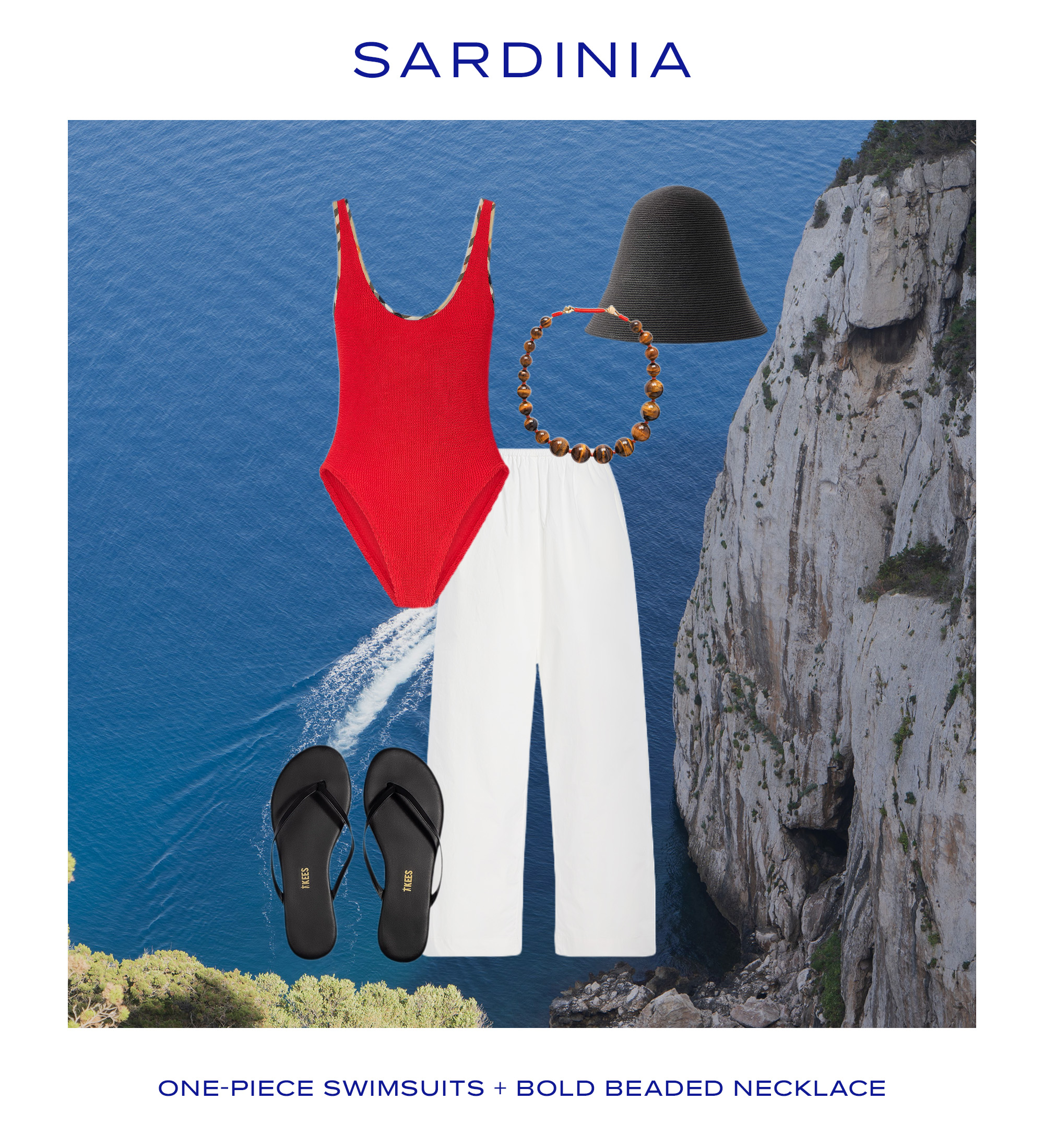 A collage of the coast in Sardinia and the clothes that best fit the place.