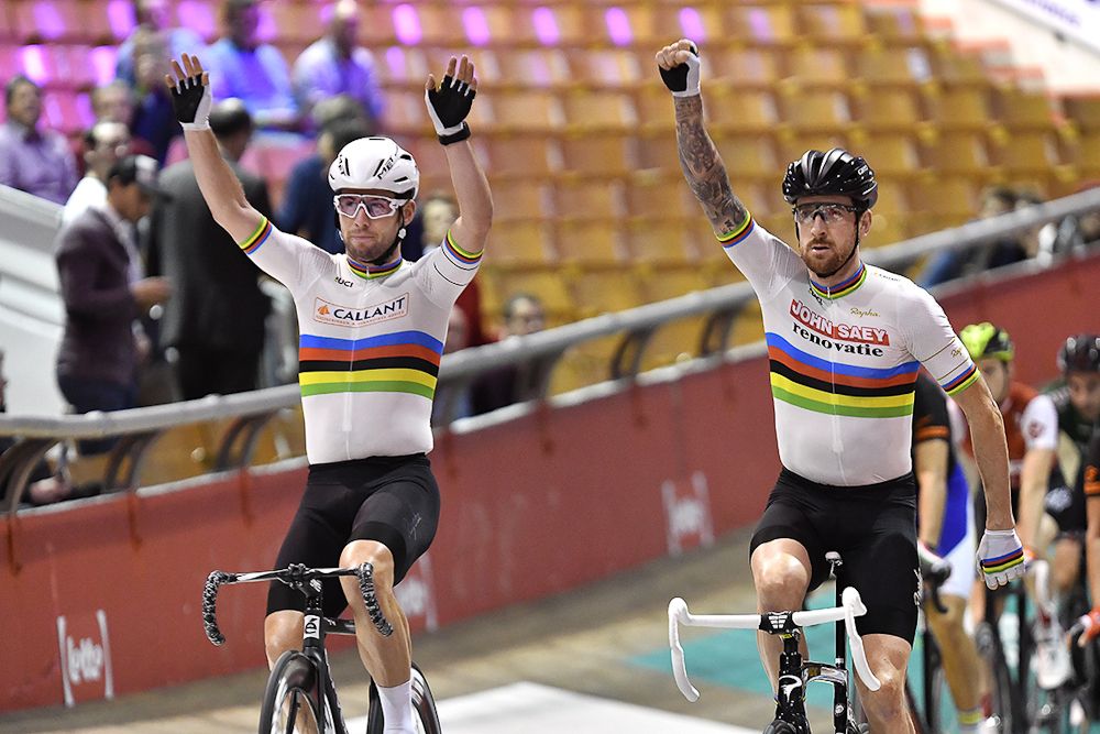 Mark Cavendish and Bradley Wiggins celebrate a win on day three of the Gent Six day
