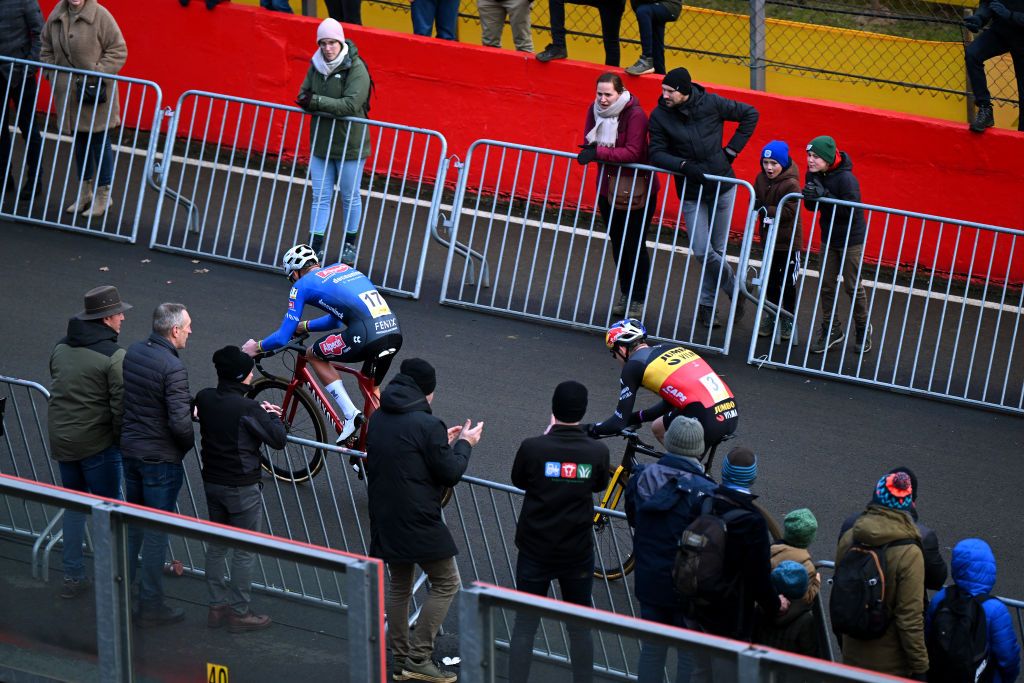 ZOLDER BELGIUM DECEMBER 27 Mathieu Van Der Poel of The Netherlands and Team AlpecinDeceuninck and Wout Van Aert of Belgium and Team JumboVisma lead the breakaway during the 18th Superprestige HeusdenZolder 2022 Mens Elite Superprestige2023 on December 27 2022 in Zolder Belgium Photo by Luc ClaessenGetty Images