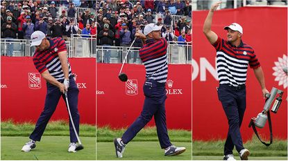 Bryson DeChambeau hits his opening tee shot during practice at the Ryder Cup