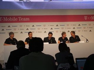T-Mobile team doctors Andreas Schmidt and Lothar Heinrich with spokesman Christian Frommert, director Rolf Aldag and manager Bob Stapleton at the presentation of their 2007 anti-doping program