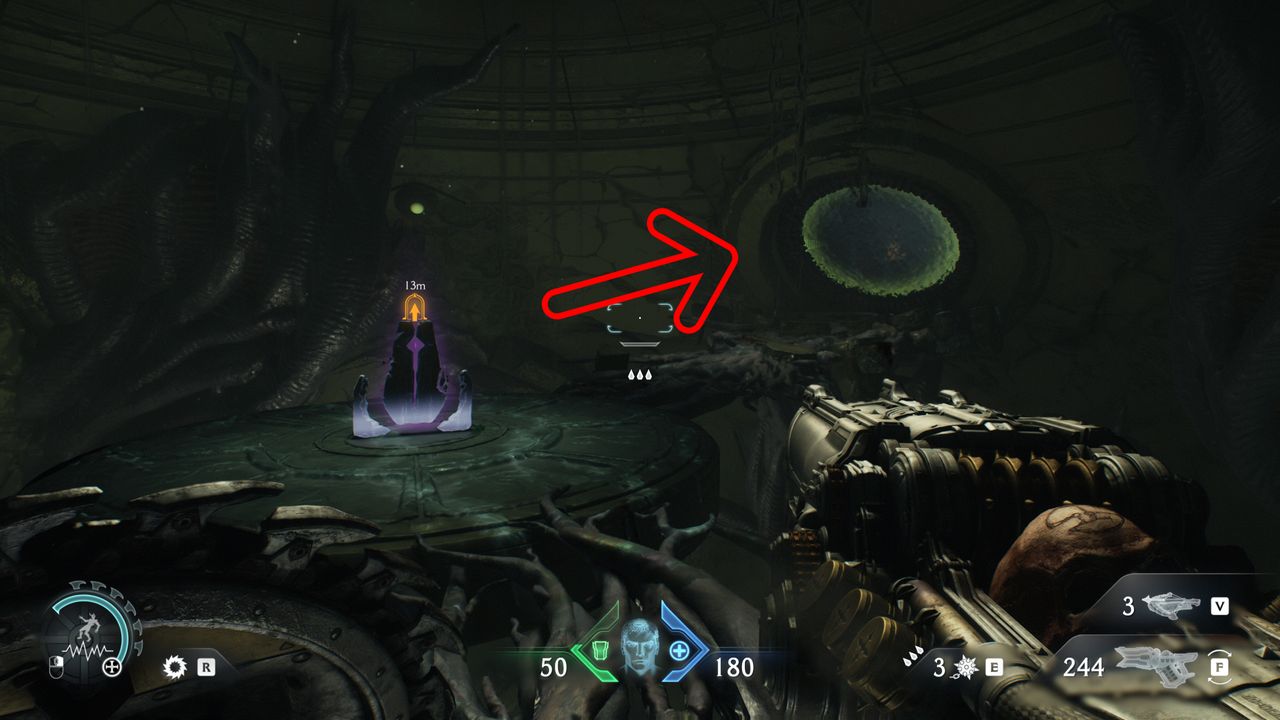 Doom: The Dark Ages Chapter 15 secrets collectibles City of Ry'uul - An arrow pointing at a water tunnel in the wall behind a lift, leading to a life sigil.