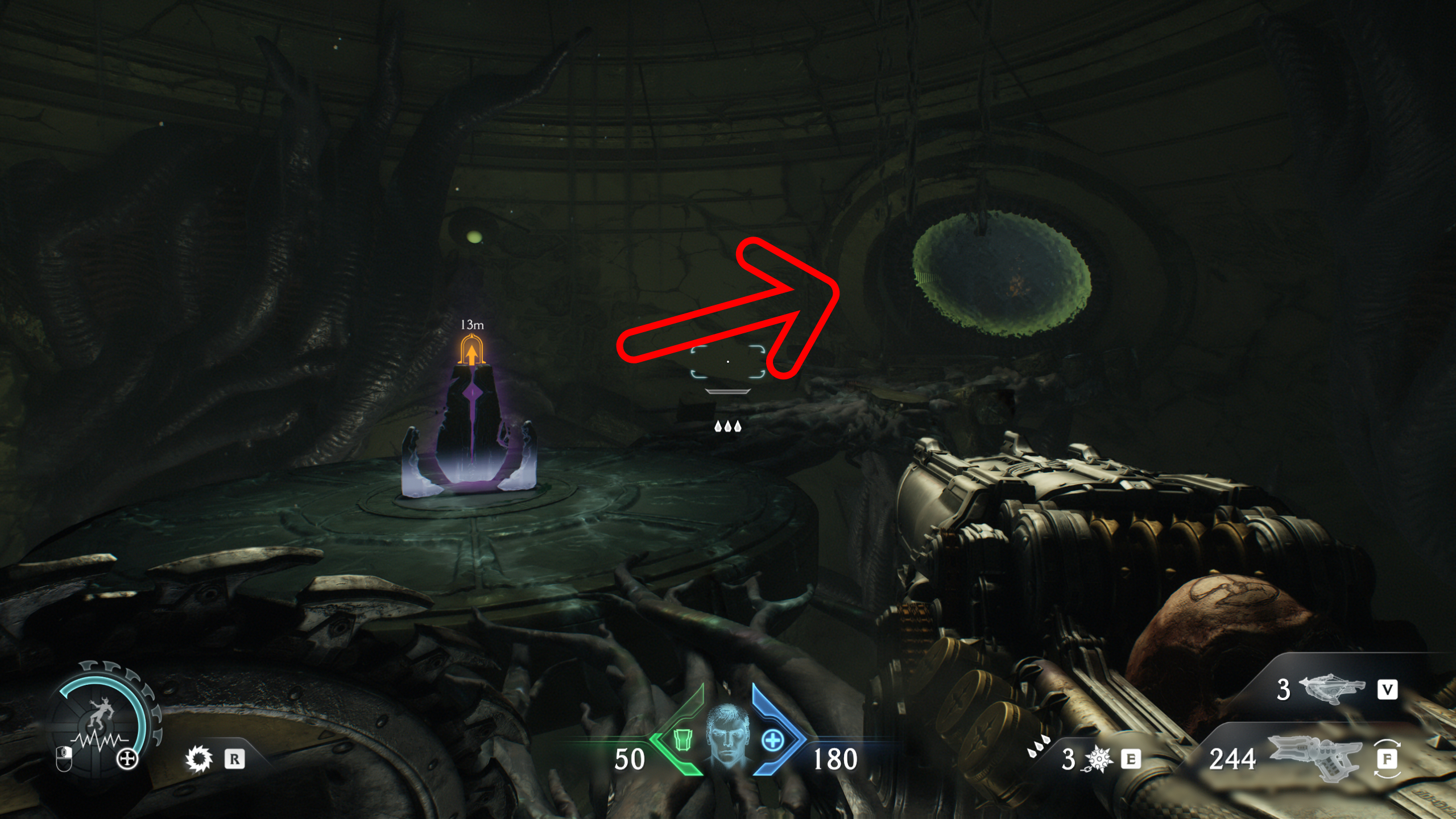 Doom: The Dark Ages Chapter 15 secrets collectibles City of Ry'uul - An arrow pointing at a water tunnel in the wall behind a lift, leading to a life sigil.
