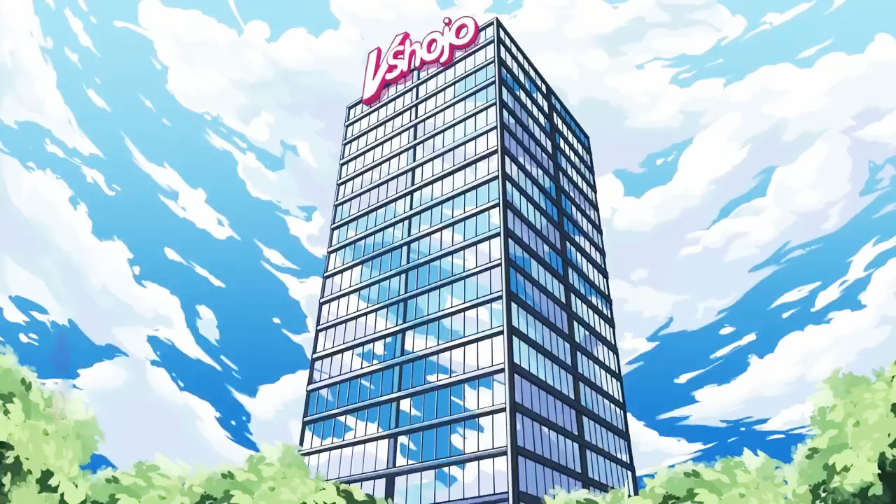 A tall skyscraper with VShojo branding at the top on a bright day