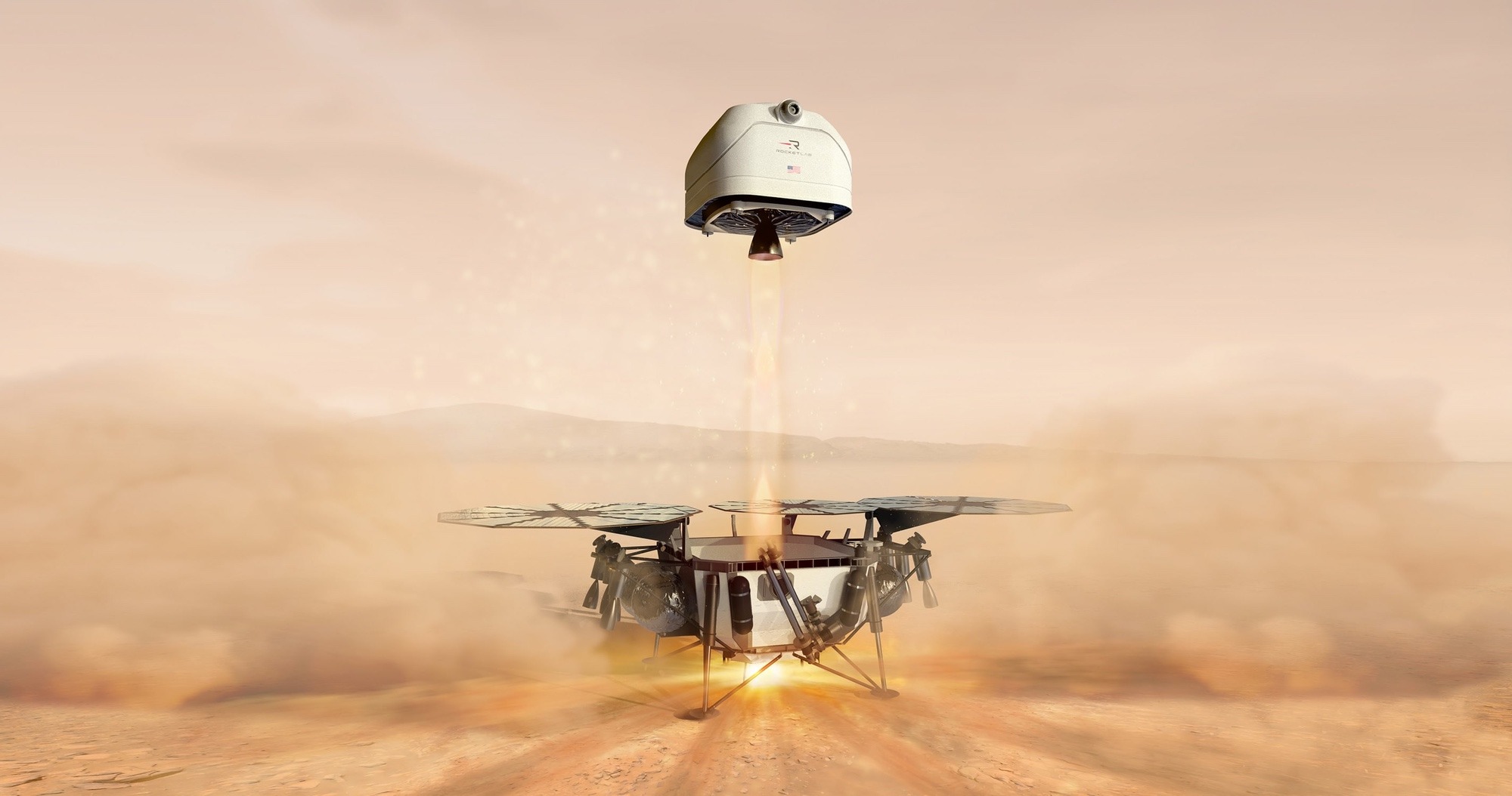 A rocket pod lifts off from a lander base on the surface of Mars.