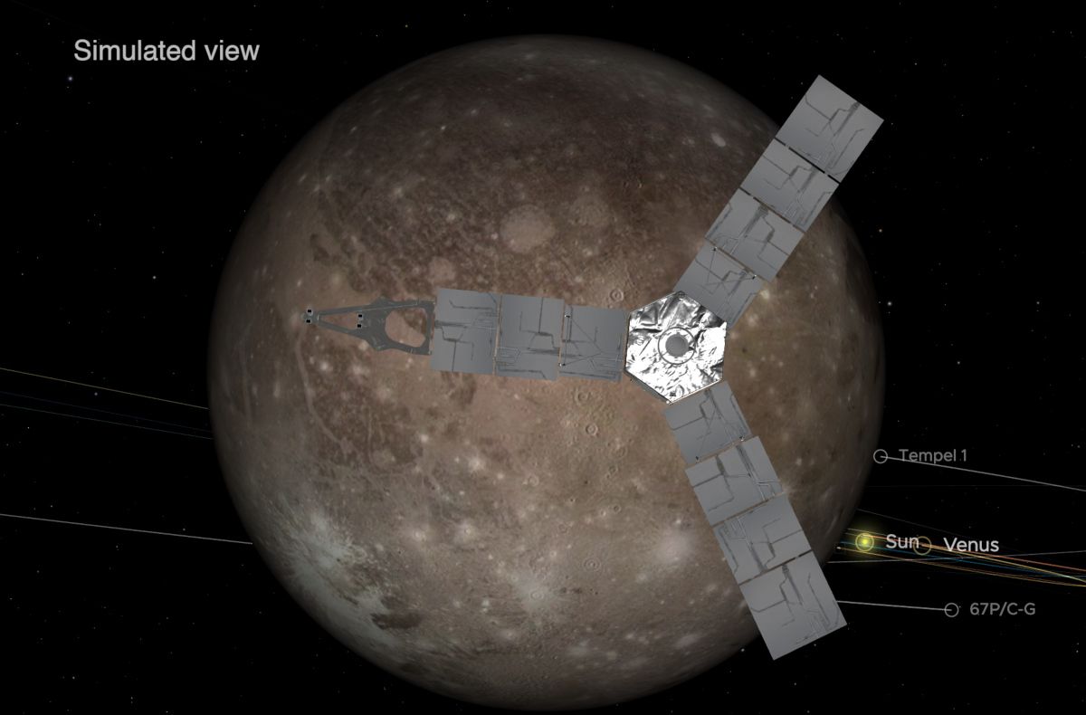 An artist&#039;s depiction fo the Juno spacecraft observing Ganymede during the flyby on June 7, 2021.