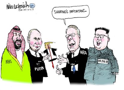 Political Cartoon Trump Puppet Iran MBS Putin NRA Kim Jong Un
