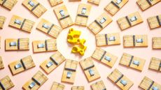 a yellow dollar sign that looks like swiss cheese is in the middle of circles of mouse traps