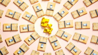 a yellow dollar sign that looks like swiss cheese is in the middle of circles of mouse traps