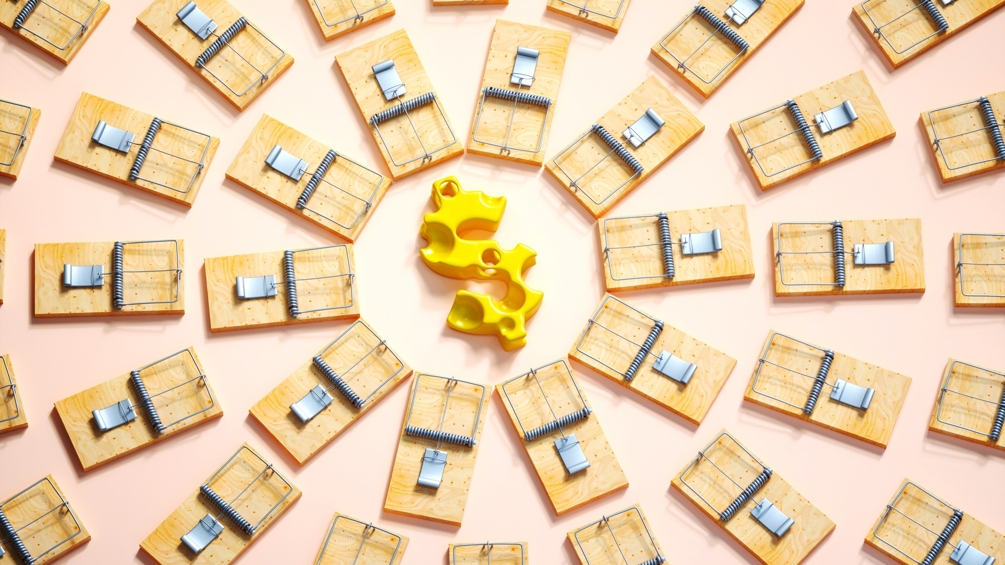 a yellow dollar sign that looks like swiss cheese is in the middle of circles of mouse traps