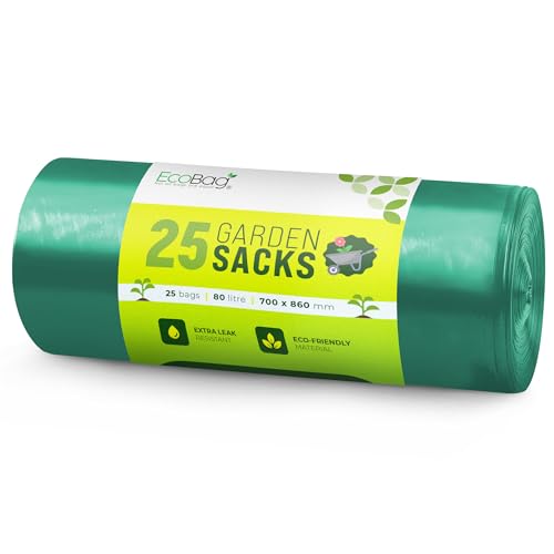 Ecobag - 25 Pack Extra Strong Heavy Duty Garden Sacks - 80l - 30 Microns - Recyclable, Leak Resistant &amp;amp; Eco-Friendly, Durable Garden Waste Disposal Bags for Household &amp;amp; Commercial Use (700x860mm)