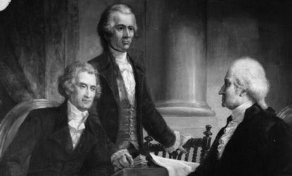George Washington consults with members of his first cabinet, Secretary of State Thomas Jefferson (seated) and Secretary of the Treasury Alexander Hamilton. 