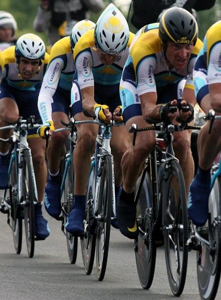Lance Armstrong (Astana) rides with his team in stage one's time trial.