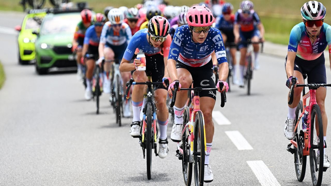 Kristen Faulkner wearing the US national road racing champion kit