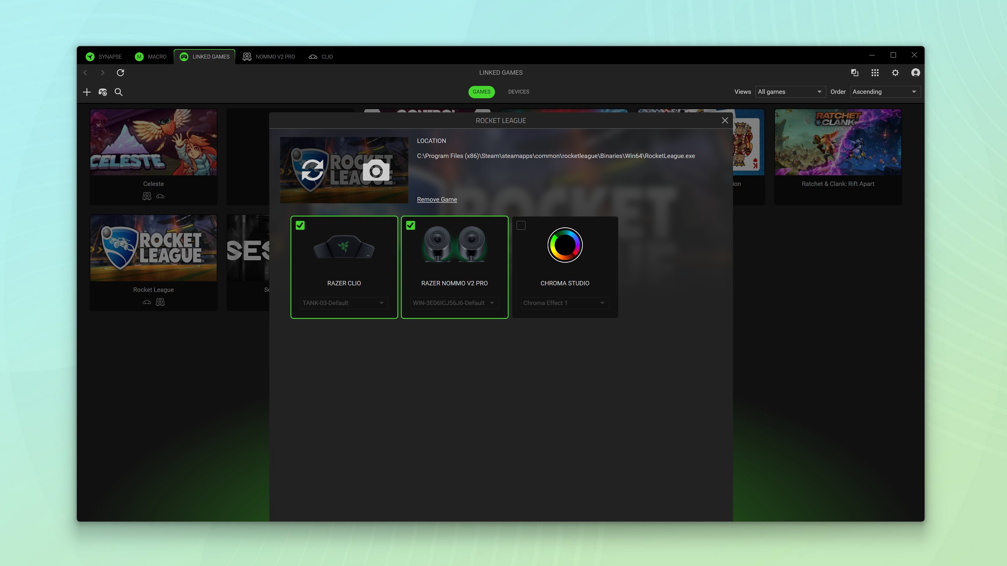 A screenshot showing how you have to select the Razer Clio wireless speaker head cushion and another pair of speakers to use it in surround sound mode from within Razer's Synapse software