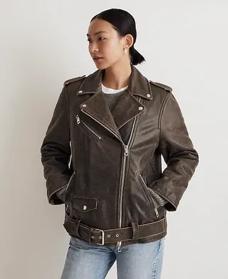 Distressed Leather Oversized Motorcycle Jacket