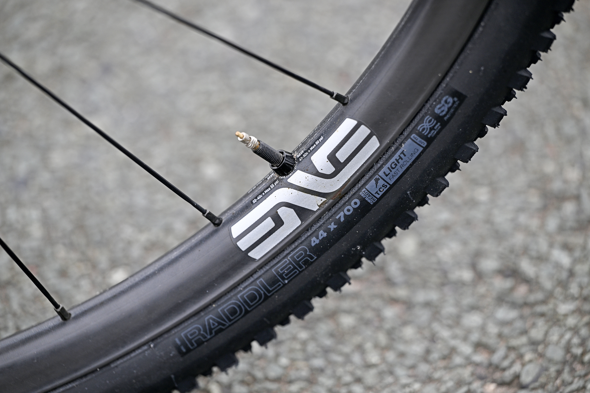 Close up of the ENVE branding on a carbon wheel