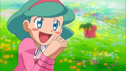  Pok&eacute;mon: Diamond and Pearl: Galactic Battles scene showing a young girl excited to find a Cherubi