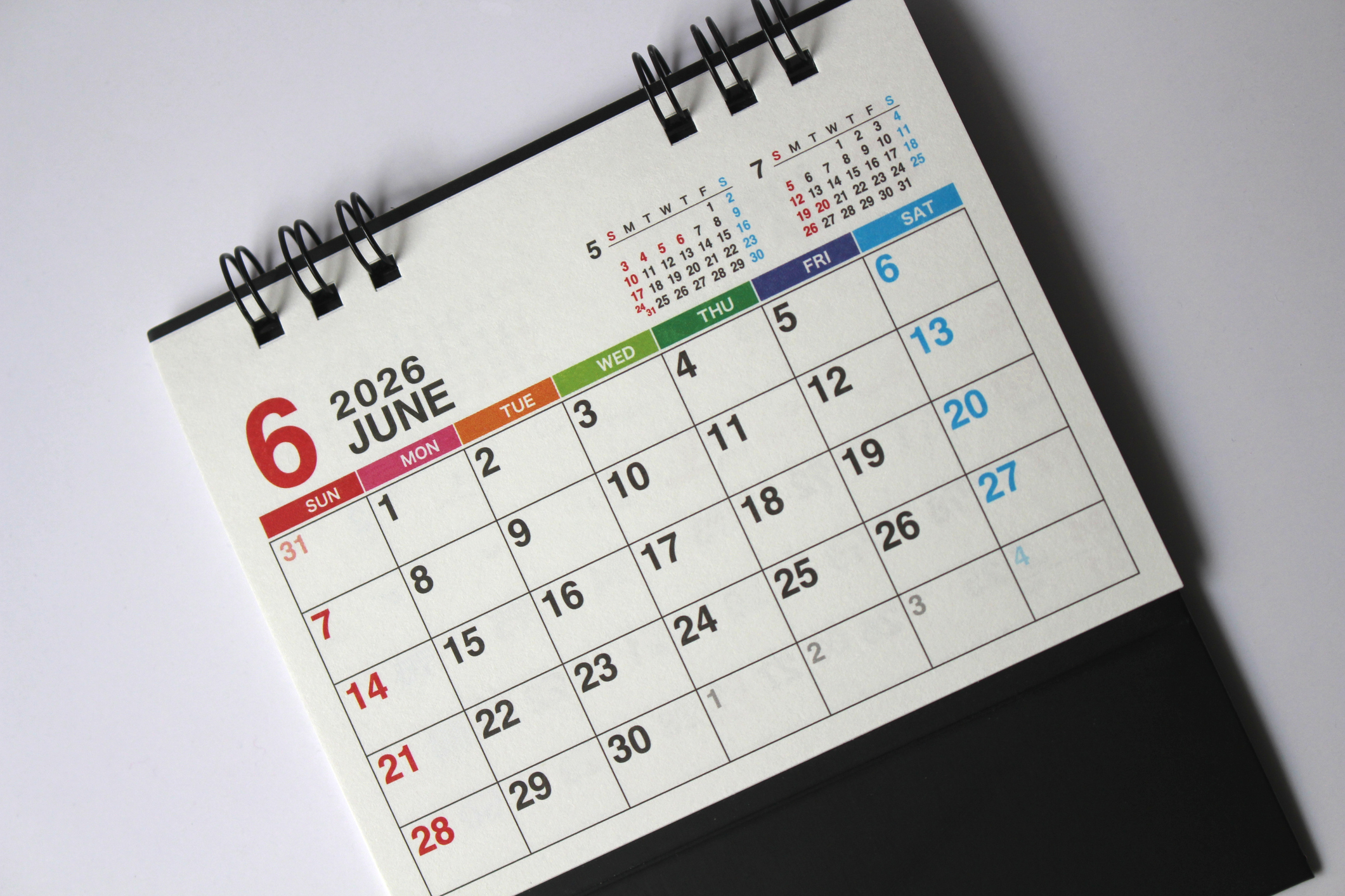 Monthly calendar template for the new year 2026 desk calendar,june,isolated on white background.