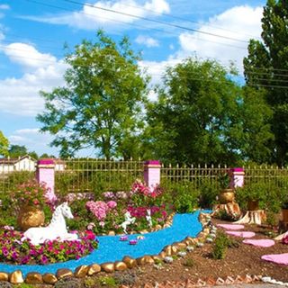 garden with pink flower plant and trees