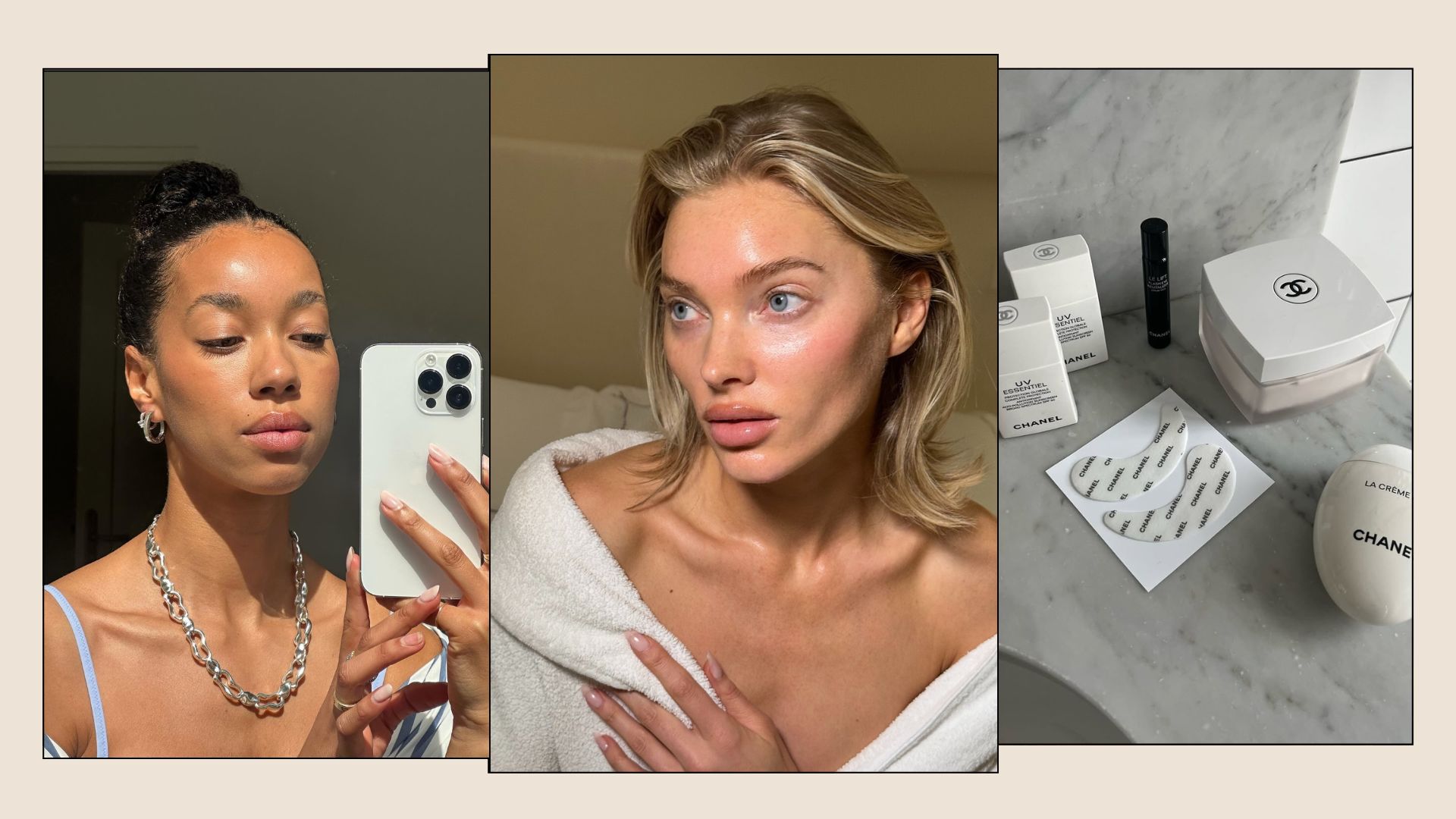 A collage with photos of @amaka.hamelijnck, @hoskelsa and a marble vanity with skincare products