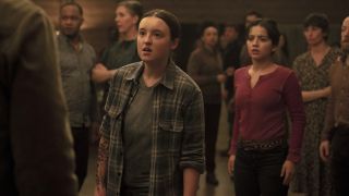 Ellie and Dina staring at an off-camera Joel in The Last of Us season 2 episode 1