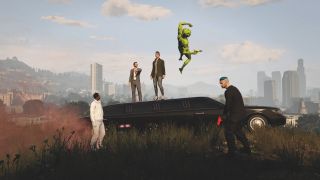 Two figures stand atop a limo while another in green is launched through the air in GTA Online.