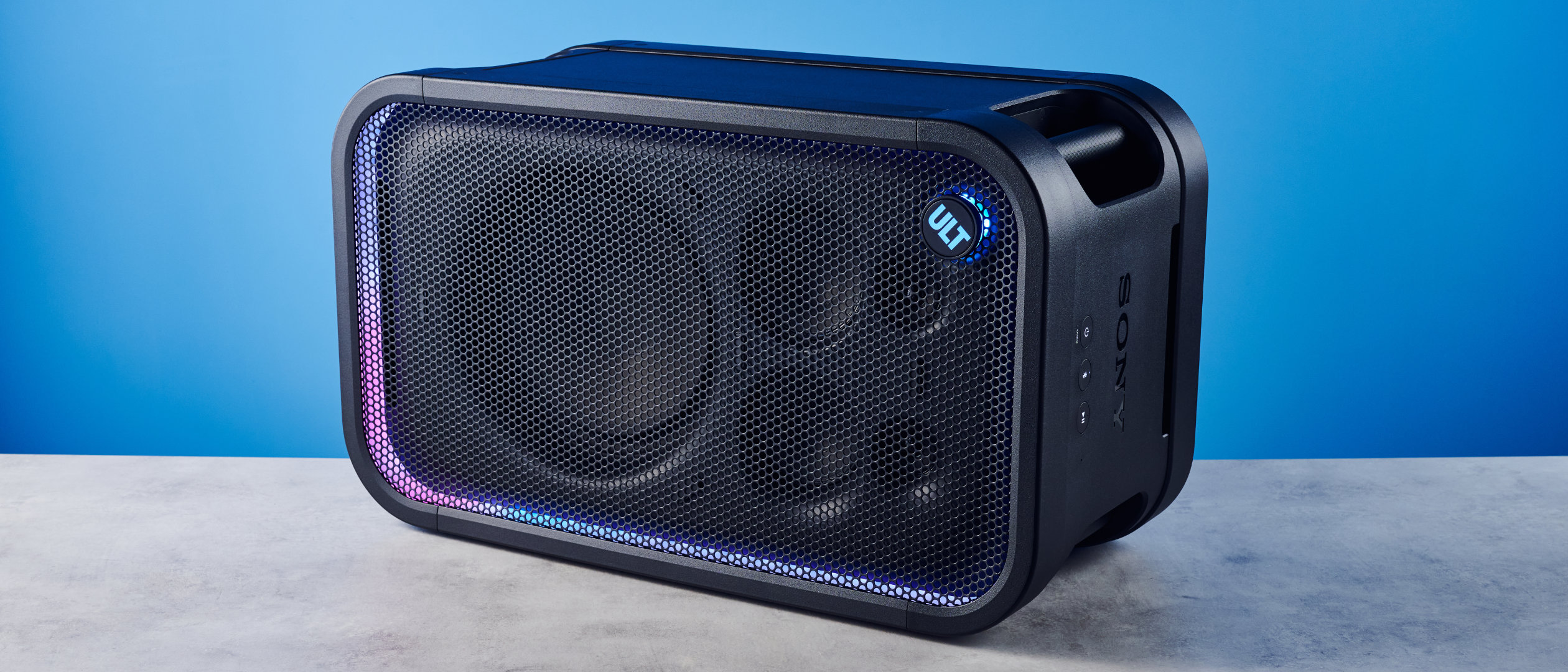 A black Sony ULT Tower 7 party speaker