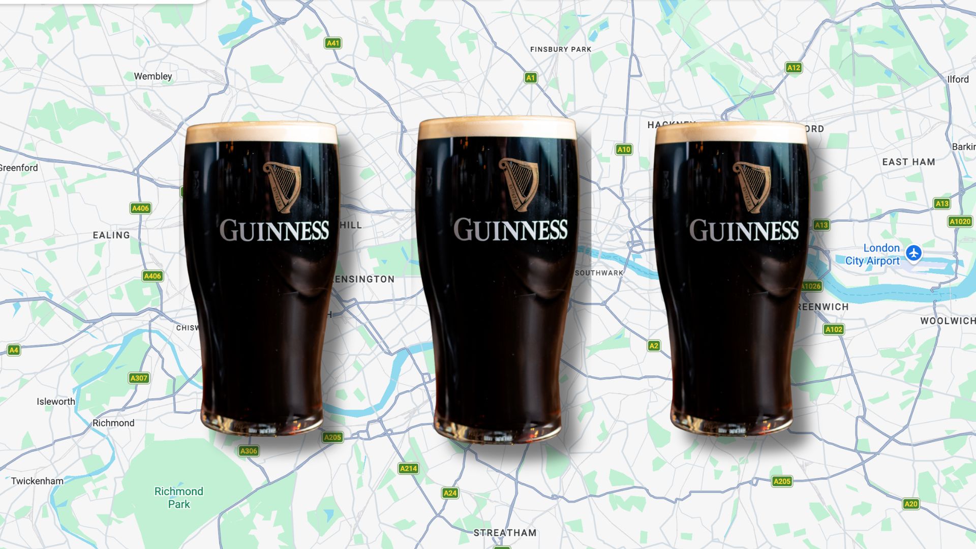 an image of Google Maps toggled to London with three pints of Guinness overlayed