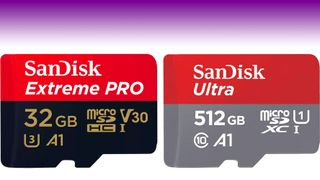 SanDisk MicroSD Cards next to purple color gradient
