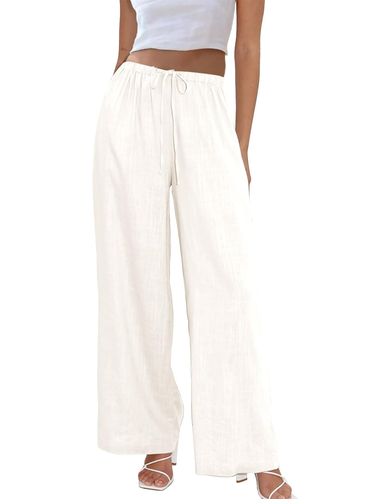 Duyang, Duyang Womens Cotton Linen Palazzo Pants Drawstring Elastic Waist Casual Wide Leg Trousers With Pockets(apricot,m)