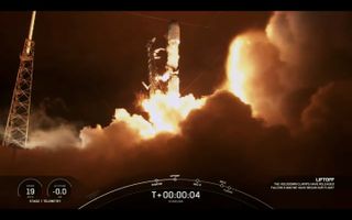 A SpaceX Falcon 9 rocket launches on March 19, 2022, from Florida's Cape Canaveral Space Force Station with 53 Starlink internet satellites aboard. It was the record-setting 12th launch for this Falcon 9's first stage.