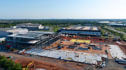 An aerial shot of a data center being built.