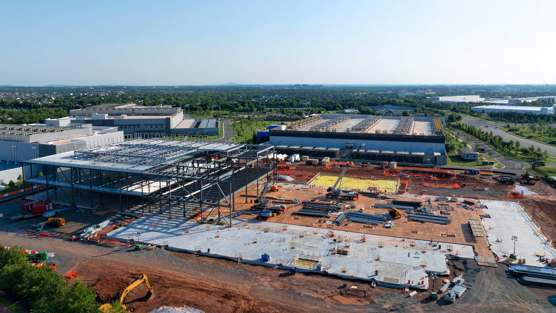 An aerial shot of a data center being built.