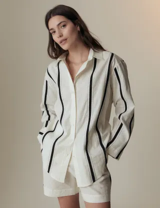 Per Una, Linen Rich Striped Collared Shirt