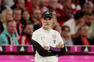 Thomas Tuchel, Head Coach of Bayern Munich, looks on during the Bundesliga match between FC Bayern München and Sport-Club Freiburg at Allianz Arena on October 08, 2023 in Munich, Germany. (Photo by Alexander Hassenstein/Getty Images)