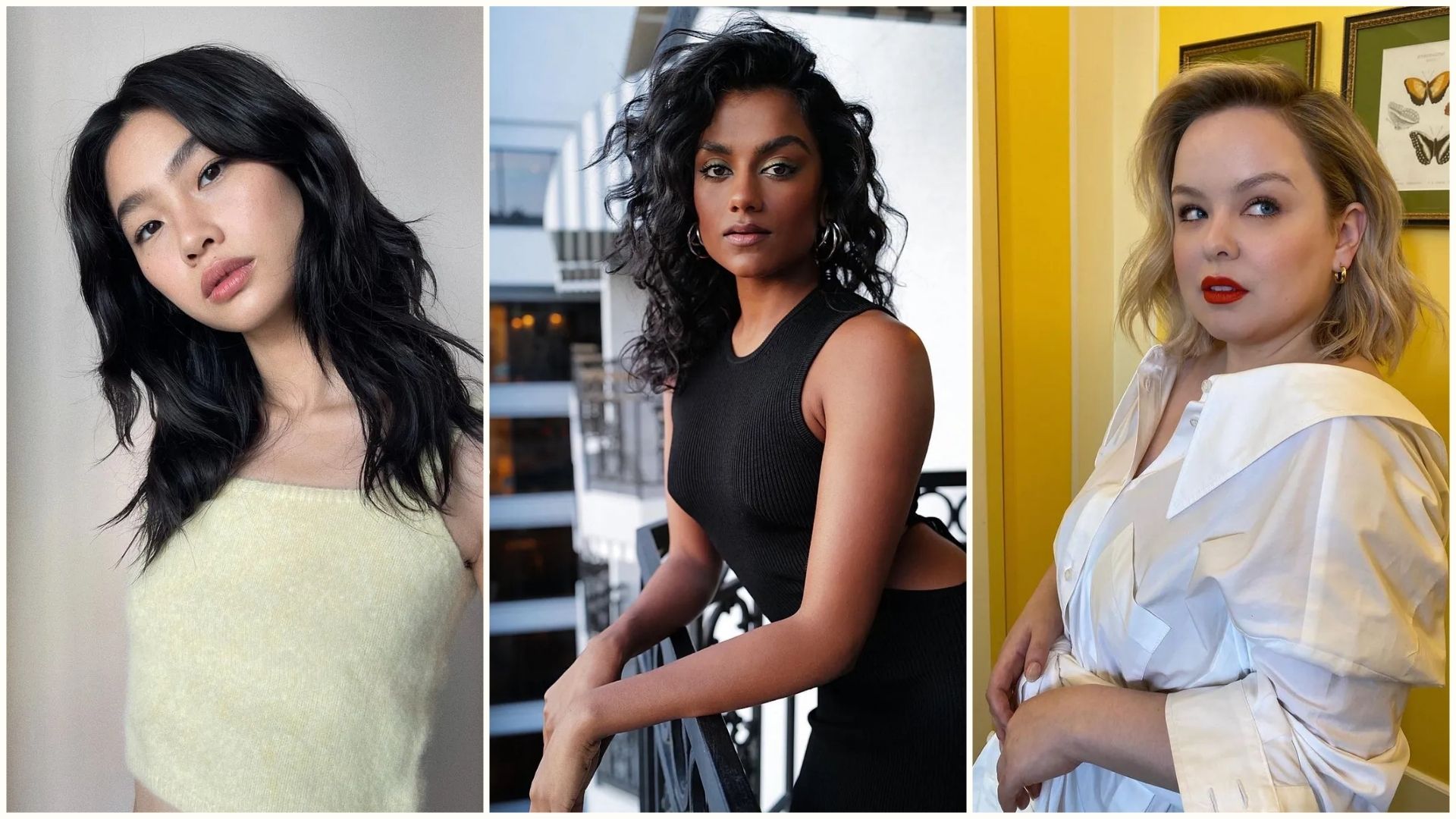 Hoyeon Jung, Simone Ashley and Nicola Coughlan with medium-length hairstyles