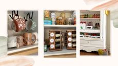 Compilation of kitchen cupboard and shoe storage showing the upside-down decluttering method