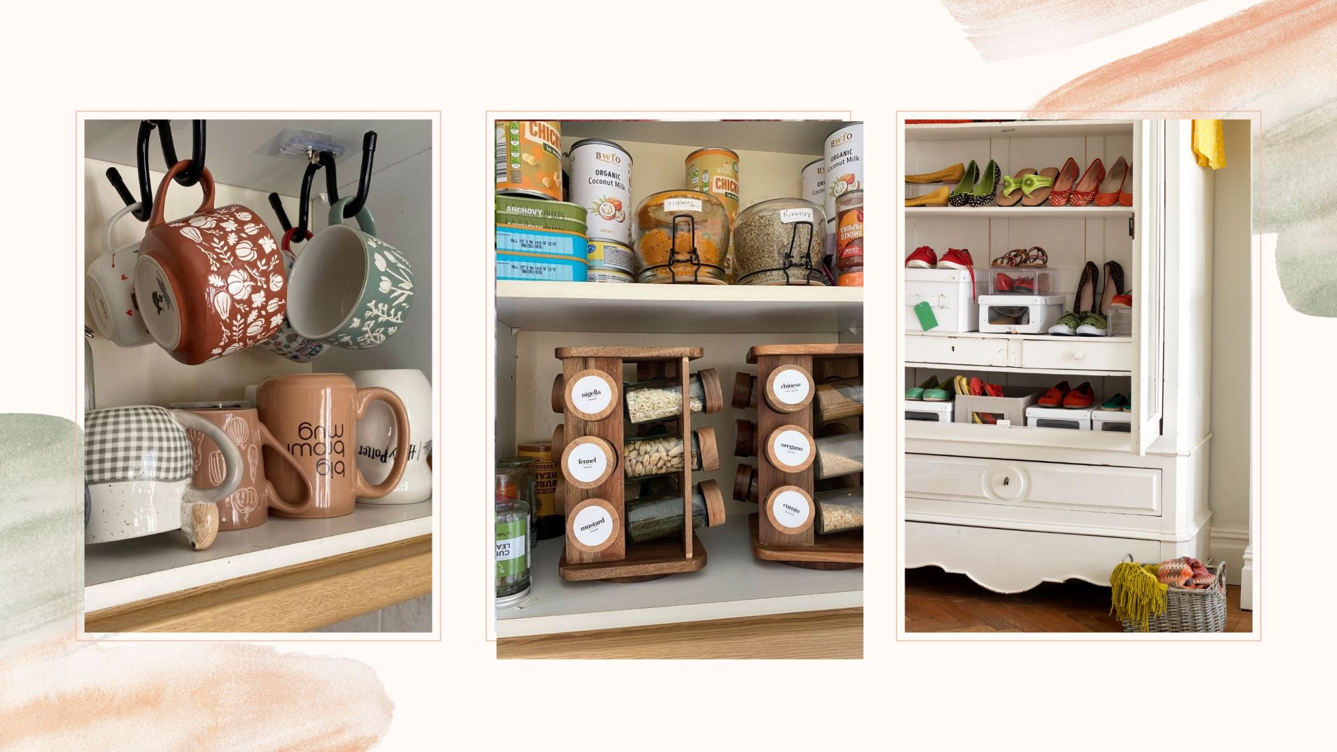 Compilation of kitchen cupboard and shoe storage showing the upside-down decluttering method