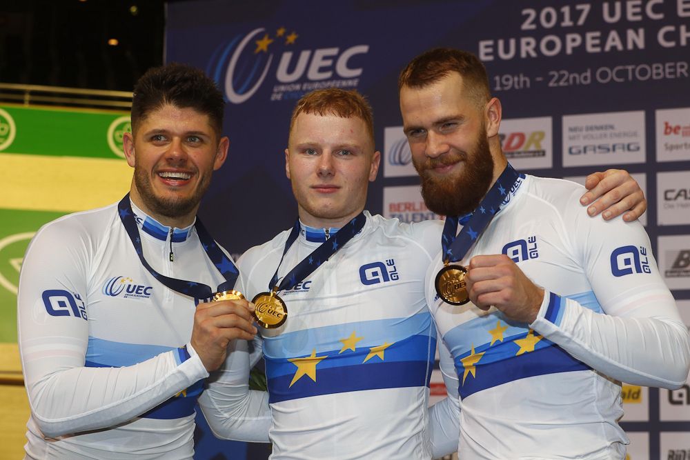 The winning French men's team sprint squad: Benjamin Edelin, Sebastien Vigier and Quentin Lafargue