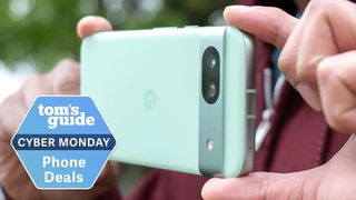 Google Pixel 8a taking a picture with Cyber Monday badge