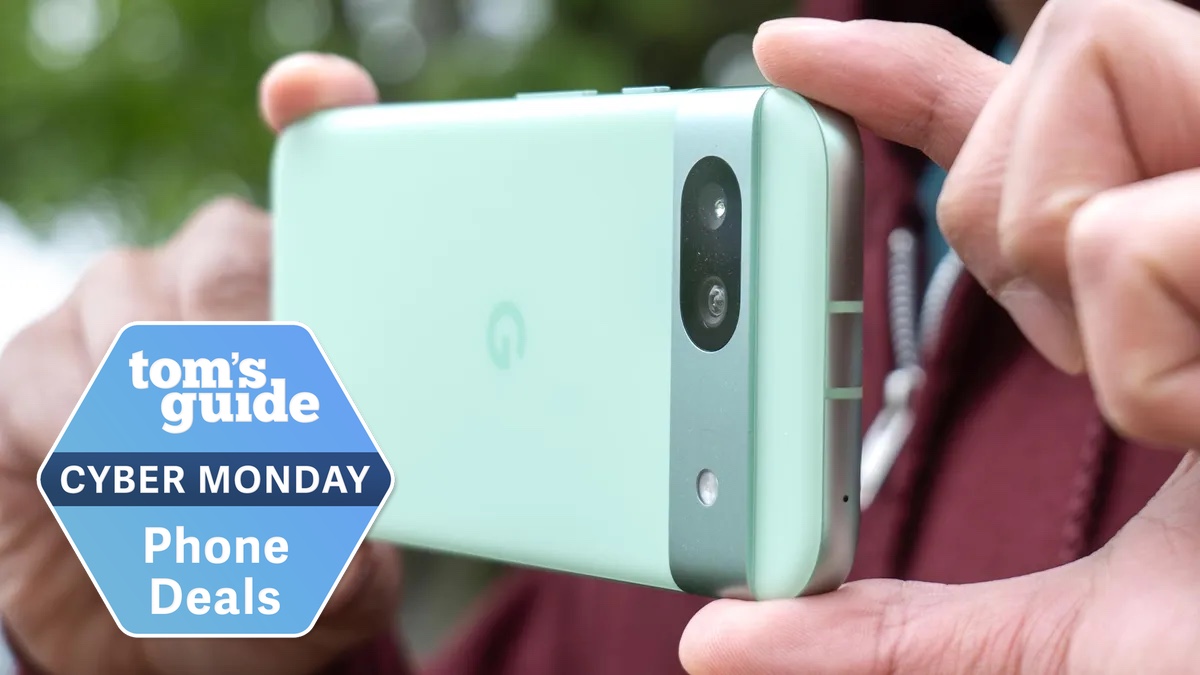 Google Pixel 8a taking a picture with Cyber Monday badge